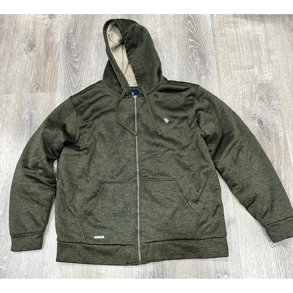 US Polo Assn Hoodie Men's XL Dark Green Full Zip Heavy Lined Feel Dry‎ Sweater